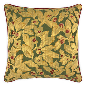 Textured Red, Green & Gold Floral Jacquard Cushion, Reversible - 55x55cm